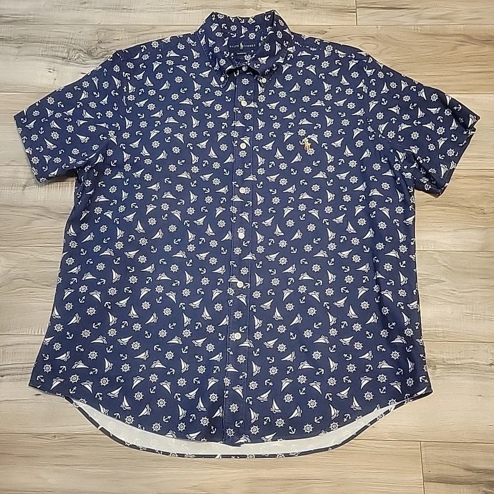 Polo Ralph Lauren Shirt‎ Mens XL Blue Classic Allover Geometric Anchor Sailboat
